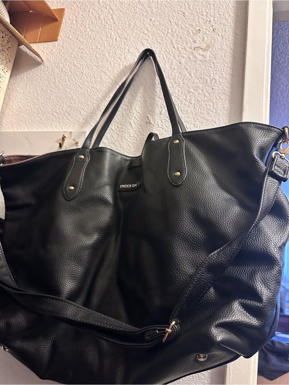 Under One Sky Black Pebbled Faux Leather Convertible Slouchy Tote Bag